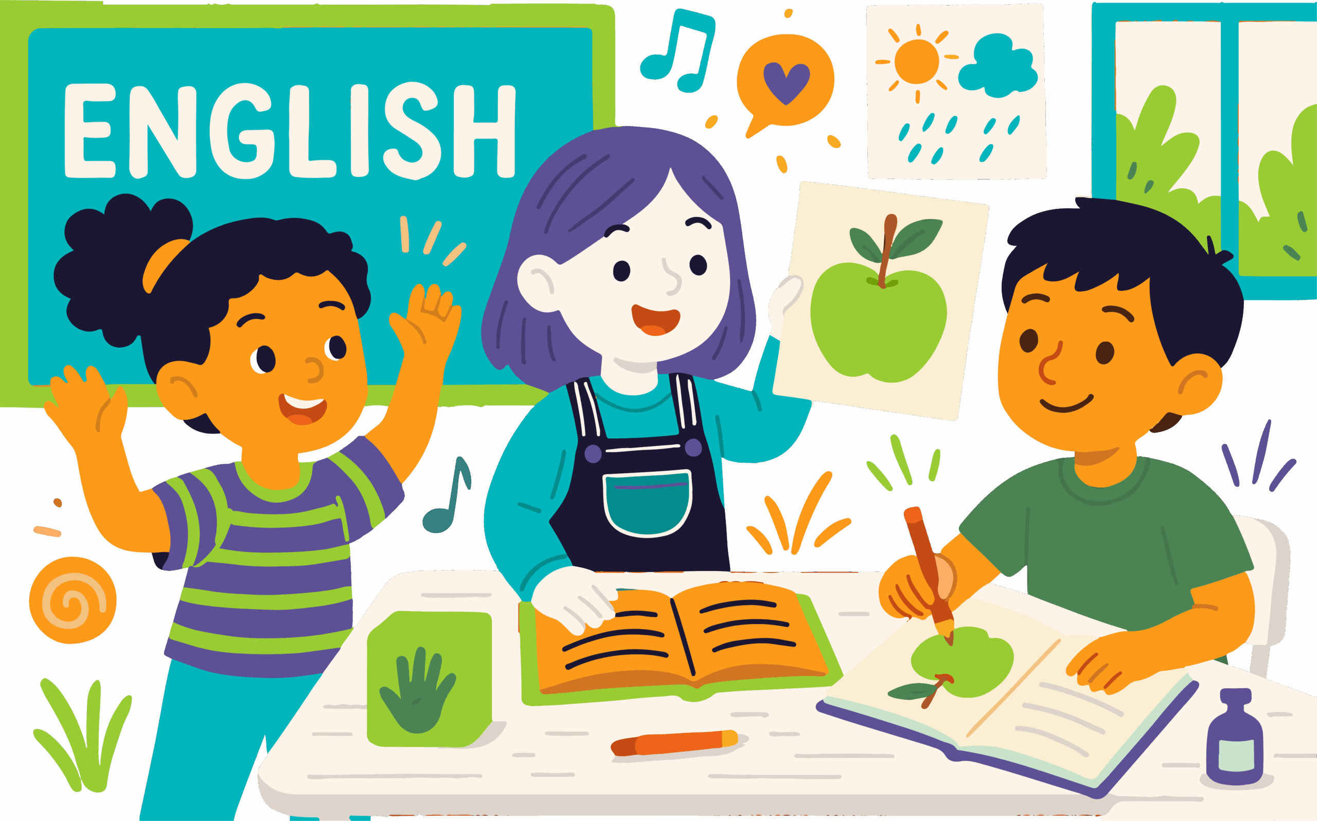 Niños aprendiendo inglés, uno muestra una ilustración de una manzana mientras los demás dibujan y leen.