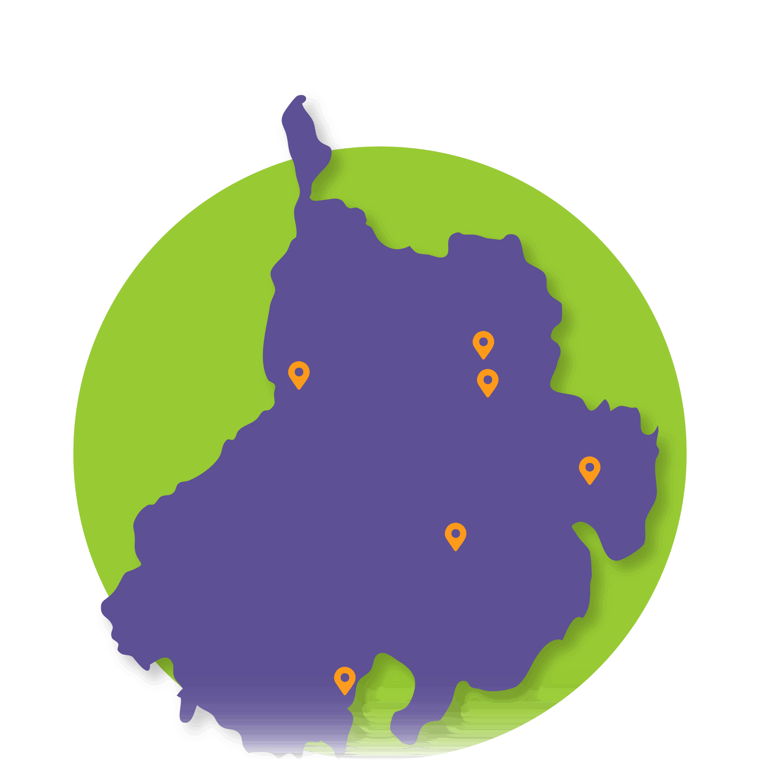 Mapa estilizado de una región con fondo verde y área territorial en color morado. Seis marcadores naranjas tipo pin señalan ubicaciones específicas dentro del área.