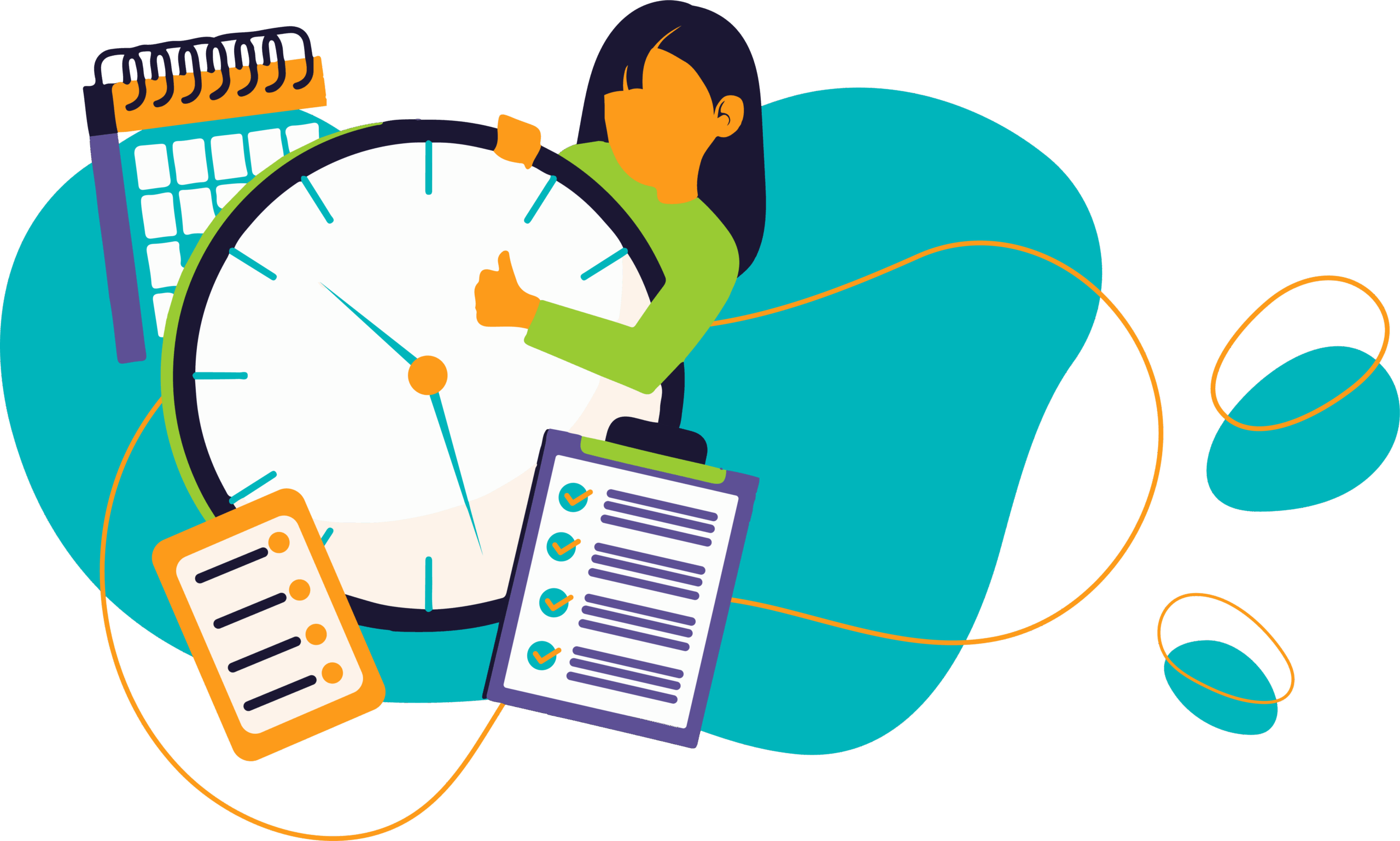 Ilustración de una persona mostrando un reloj, con un calendario, una lista de verificación y elementos gráficos adicionales en un fondo colorido.