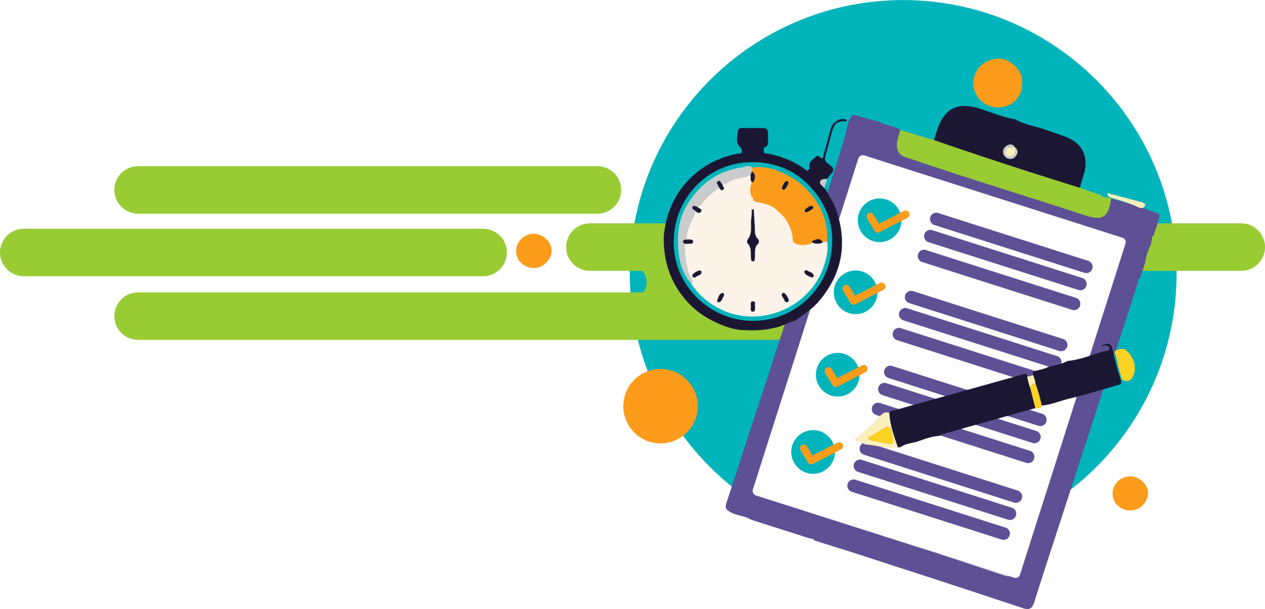 Ilustración de una lista de verificación con marcas de verificación, un reloj y un bolígrafo sobre un fondo colorido.