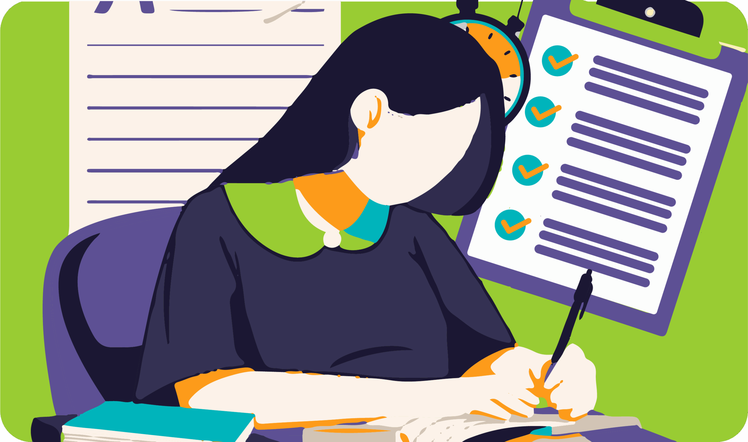 Ilustración de una persona sentada escribiendo en una libreta, con un reloj y una lista de tareas con marcas de verificación en el fondo.