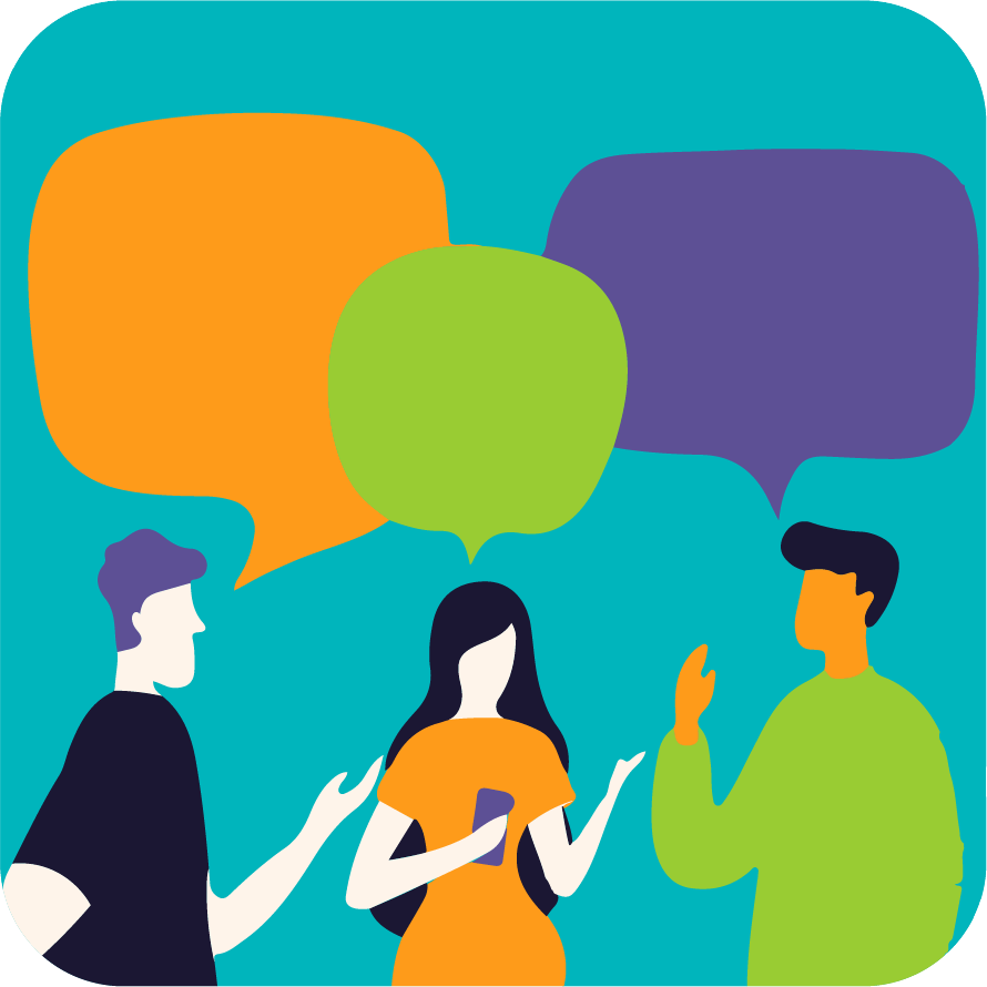 Grupo de personas hablando con diferentes colores de diálogo.