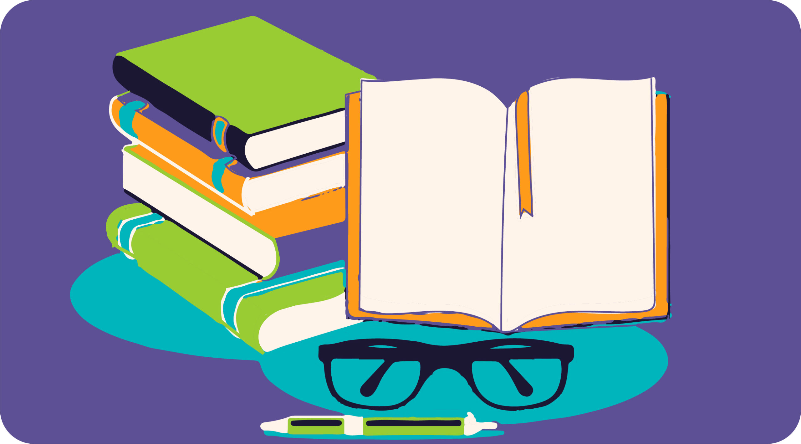 Ilustración de libros de colores apilados, un libro abierto, gafas y un marcador sobre un fondo morado.