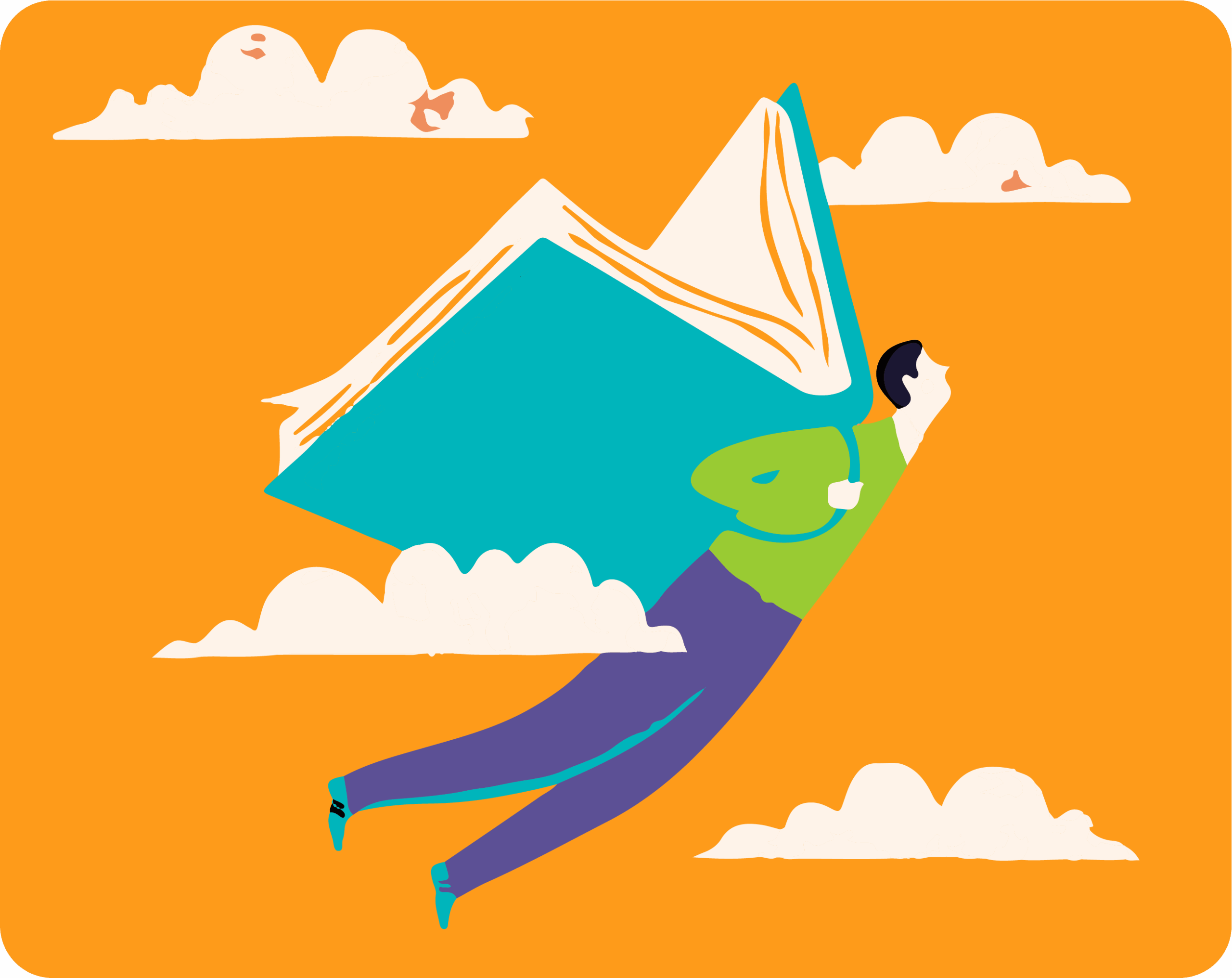 Una ilustración de una persona volando entre las nubes, sosteniendo un gran libro como si fuera una capa. El fondo es naranja y el libro es de color verde y blanco.
