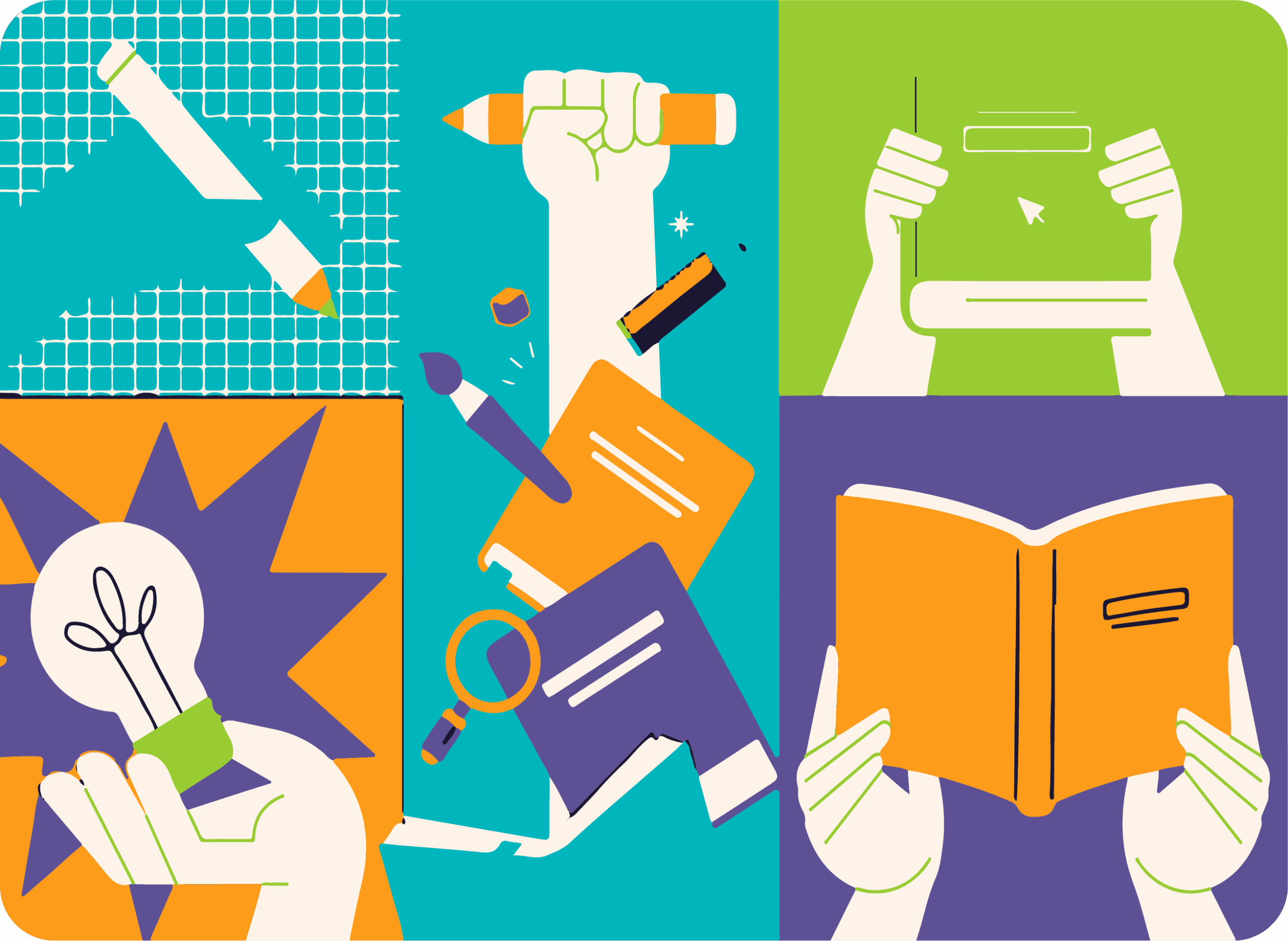 Ilustración colorida que muestra manos sosteniendo lápices, libros, una bombilla y un dispositivo digital, representando creatividad, estudio y tecnología.