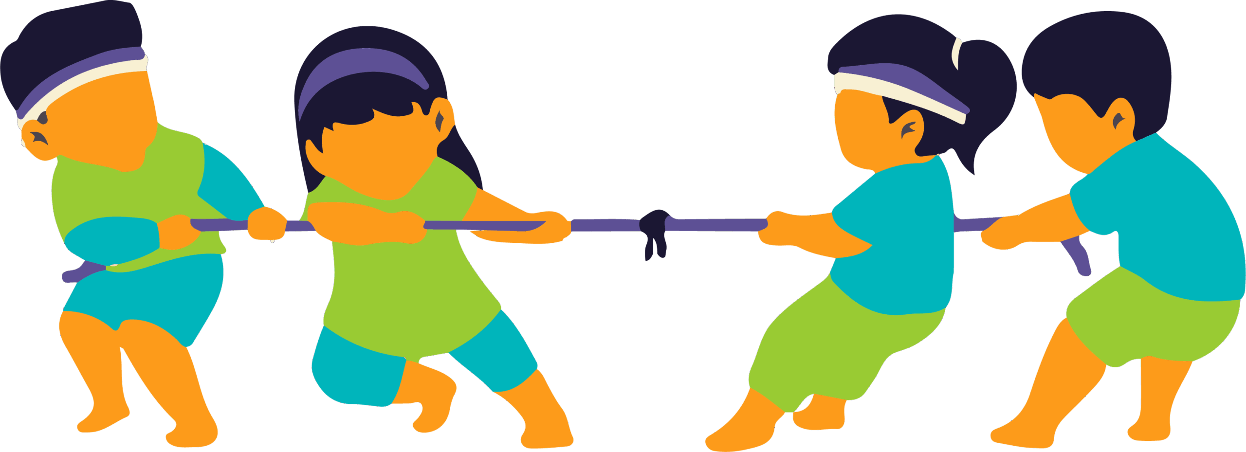 Cuatro niños jugando al tira y afloja, con dos niños en cada lado sujetando una cuerda. Los niños visten ropa colorida (verde y azul) y usan cintas en la cabeza.