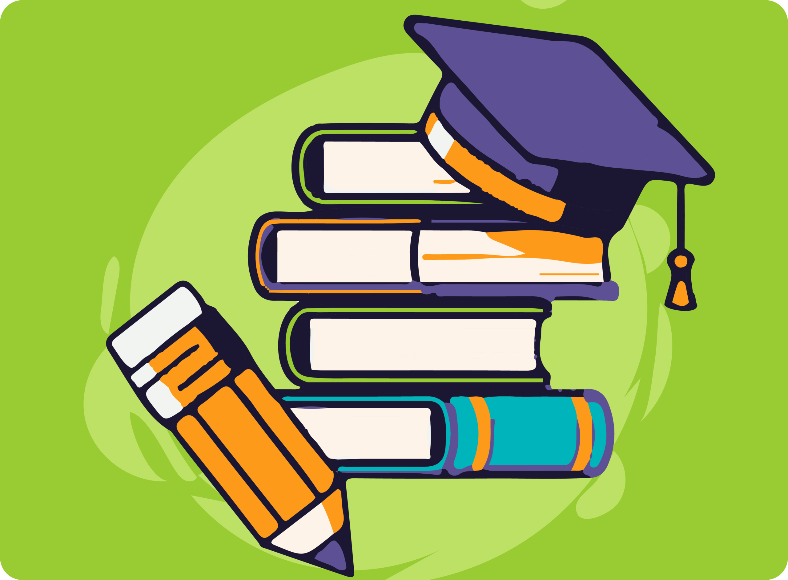 Ilustración de libros apilados con un sombrero de graduación y un lápiz.