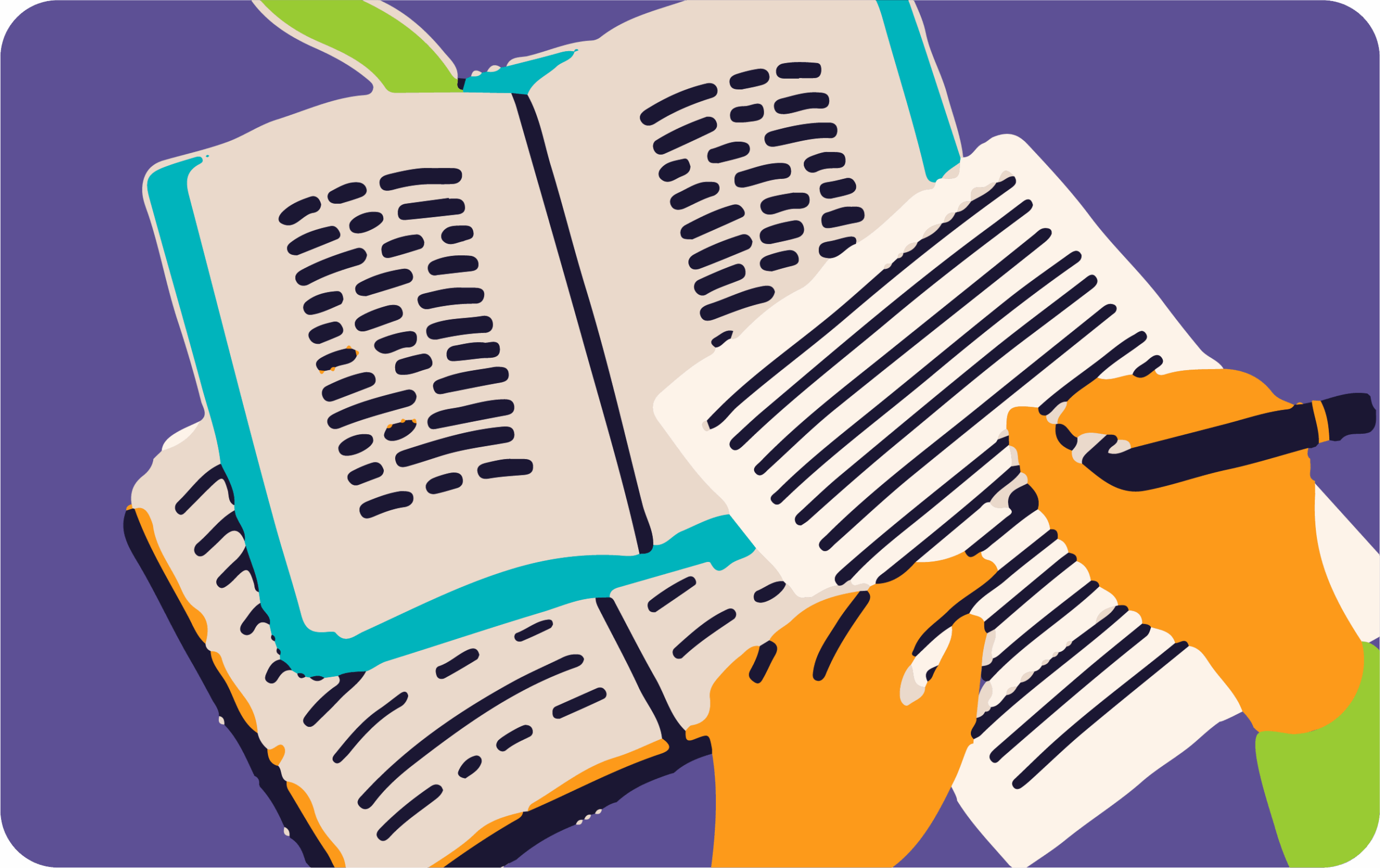 Ilustración de dos libros abiertos con texto, y una mano escribiendo en una hoja con un bolígrafo, sobre un fondo morado.
