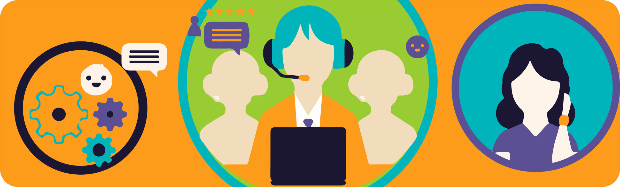 Ilustración que muestra un servicio de atención al cliente: un agente con auriculares, un chat de texto, engranajes de trabajo y una persona en una llamada.