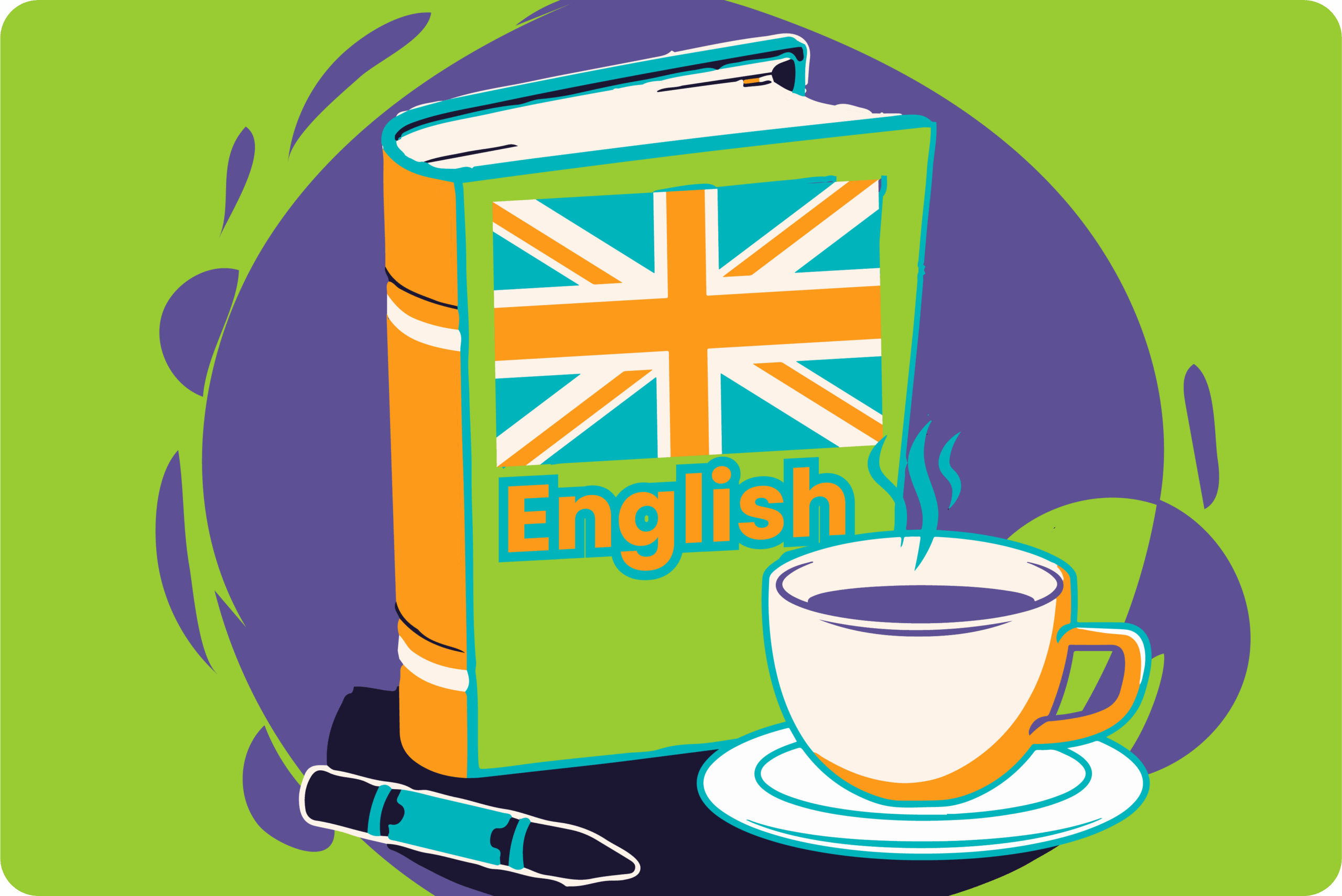 Un libro de inglés con la bandera del Reino Unido en la portada, acompañado de una taza de té y un crayón.