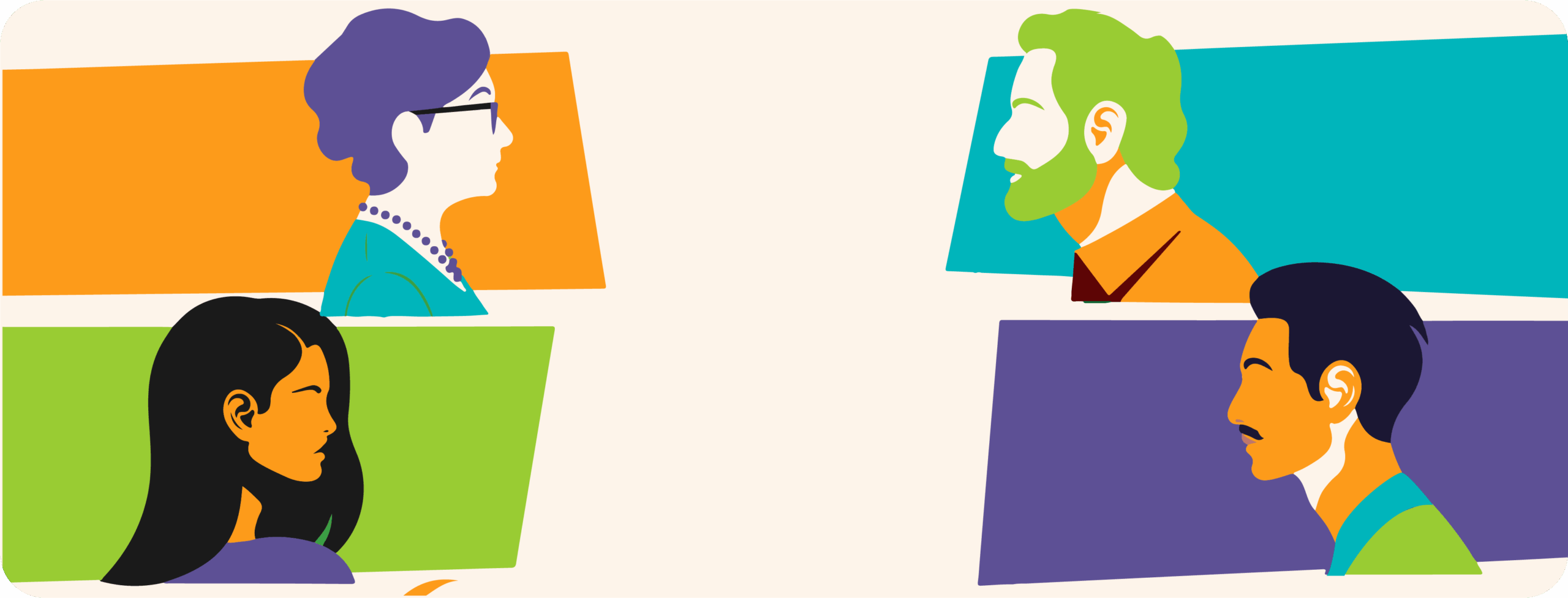 Cuatro personas de diferentes edades y géneros, con colores de fondo vibrantes, representando una conversación o intercambio de ideas.