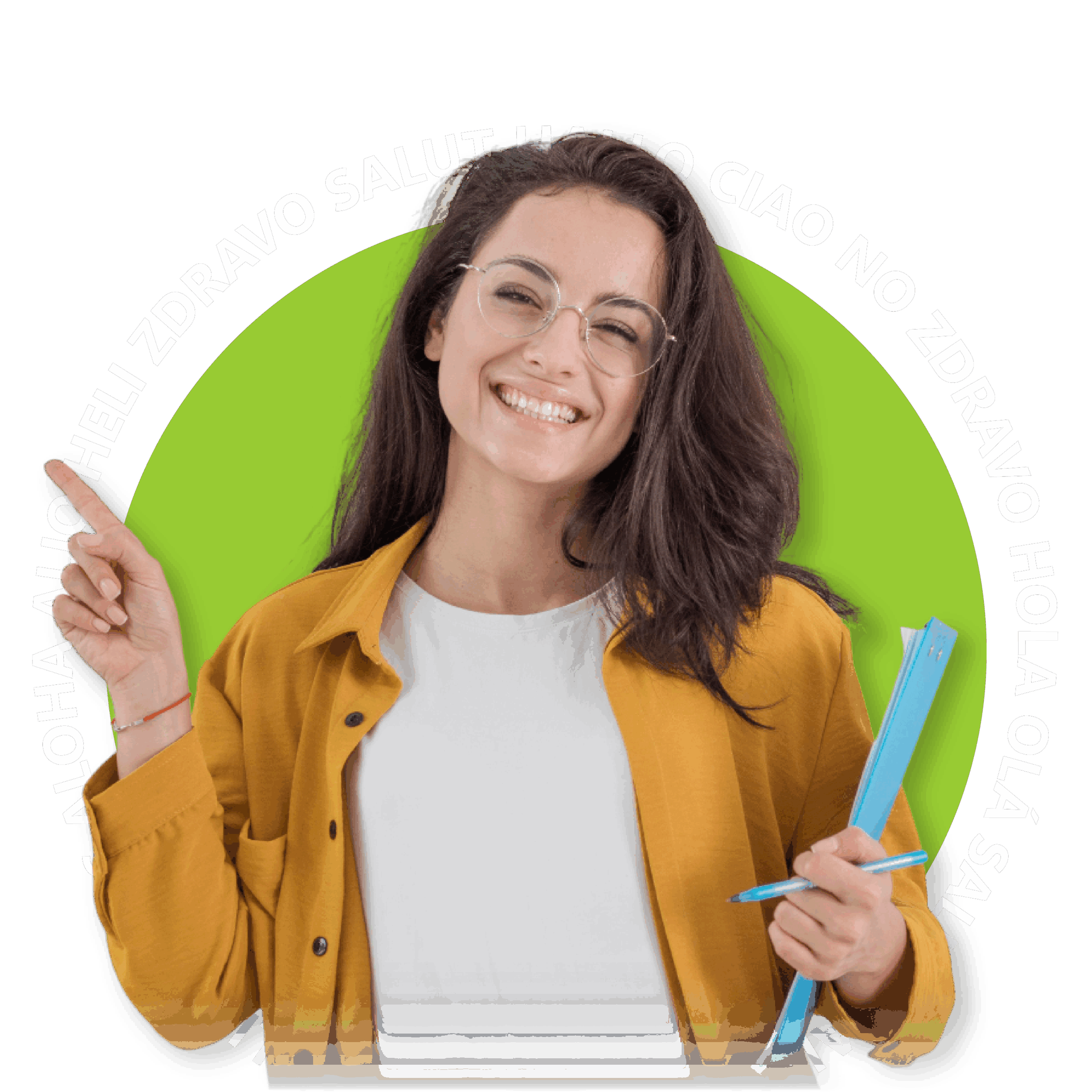 Persona sonriente con gafas y libreta, sobre fondo, con saludos en varios idiomas.
