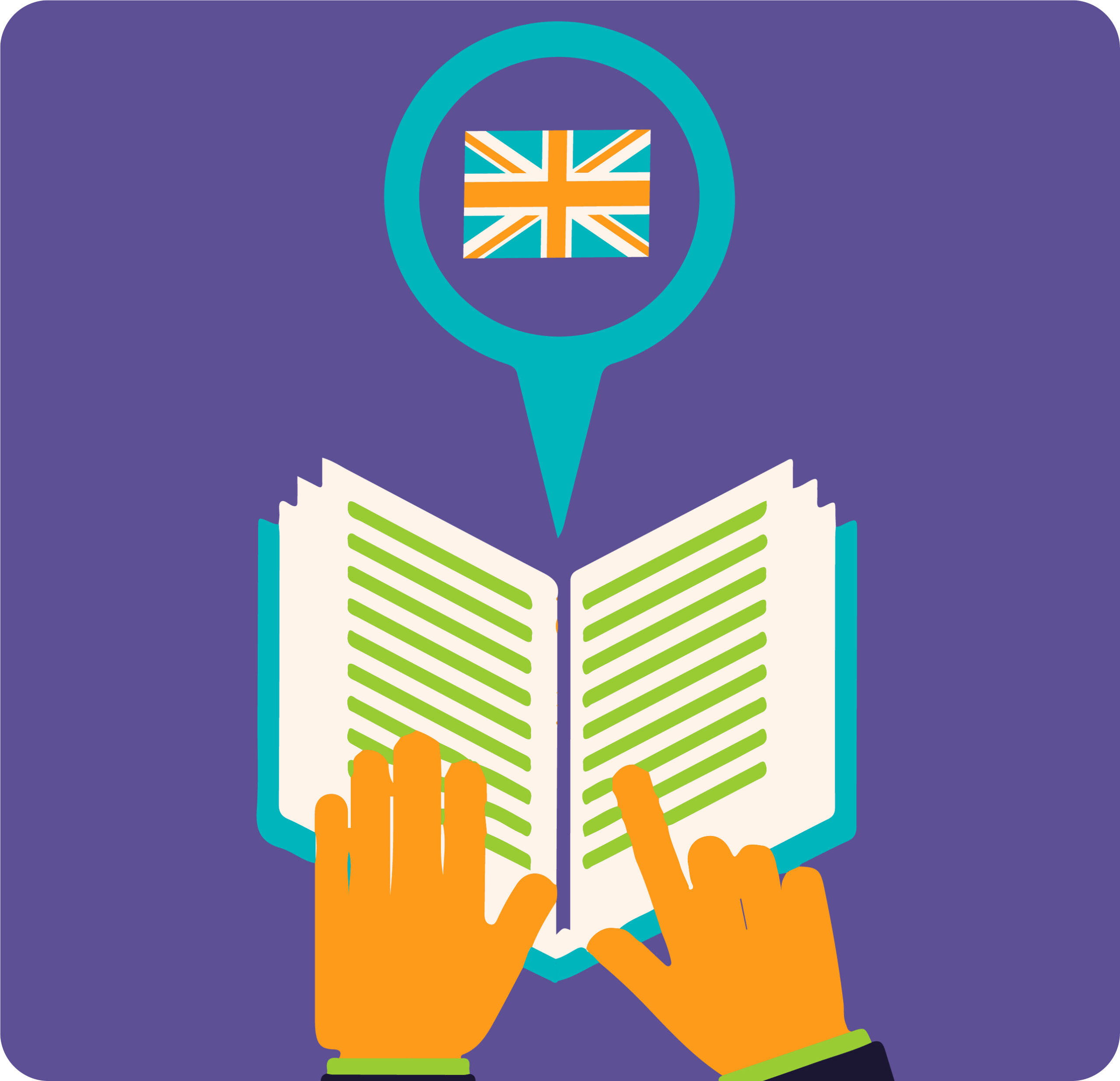 Ilustración de un libro abierto con dos manos señalando, junto a un ícono de la bandera del Reino Unido.