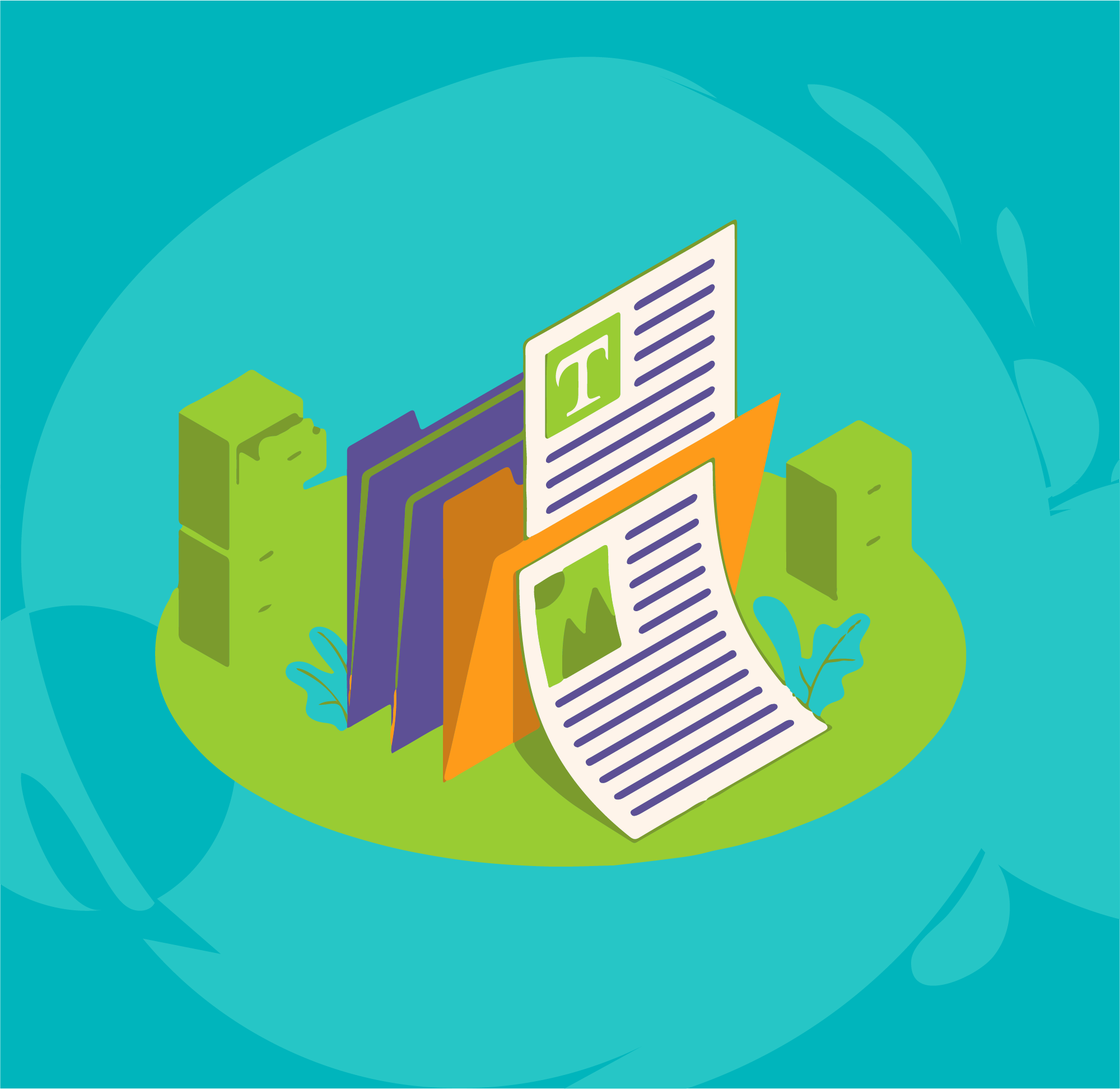 Ilustraci&oacute;n de varios documentos y carpetas apilados sobre una superficie verde, con elementos gr&aacute;ficos coloridos.